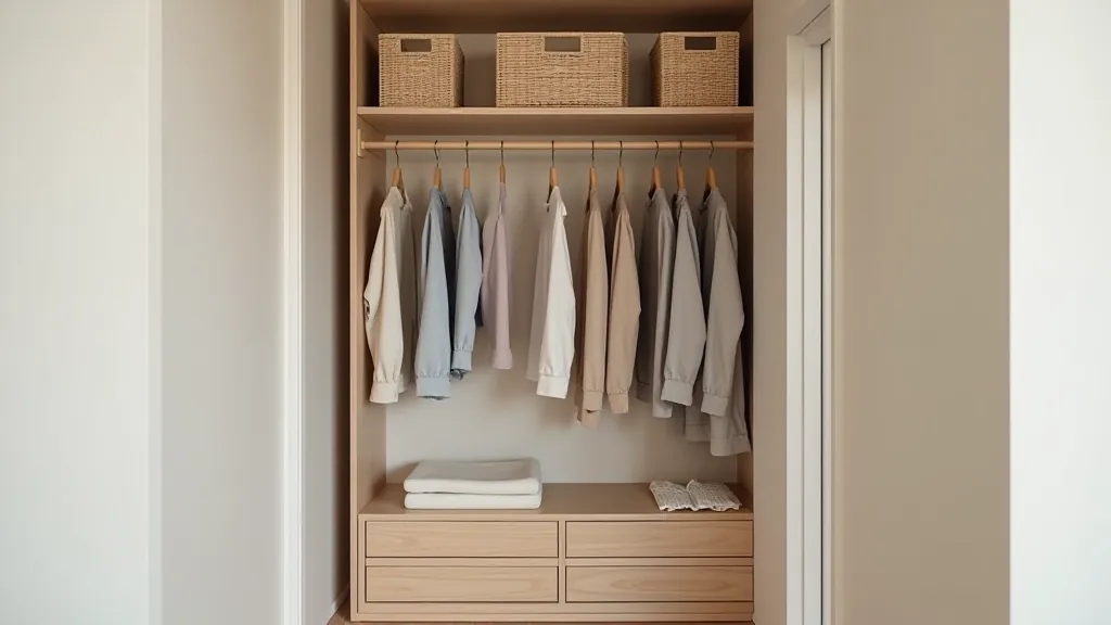 Entryway closet with vertical storage solutions and organized coat hangers