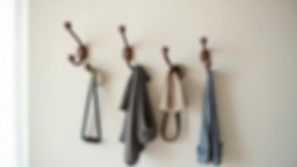 Modern entryway with multiple wall hooks at varying heights holding coats and bags