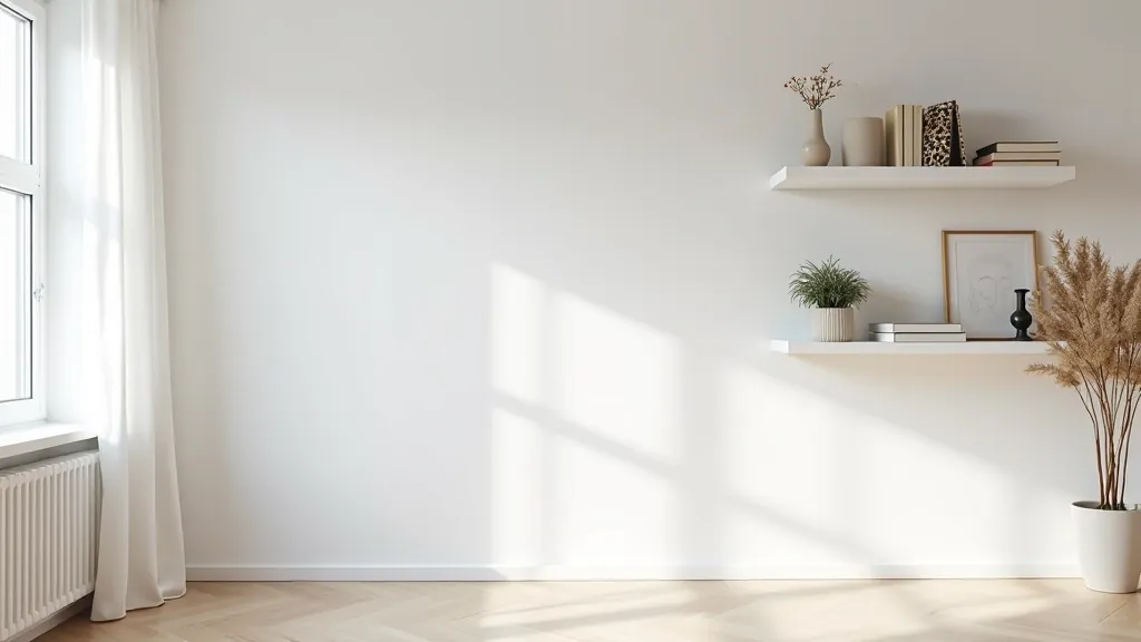Living room with white floating shelves and wall-mounted storage system