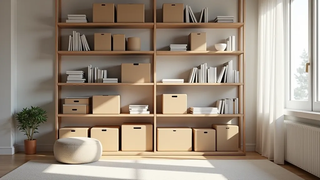 Modern organized apartment living room with wall-mounted storage and organized shelving systems
