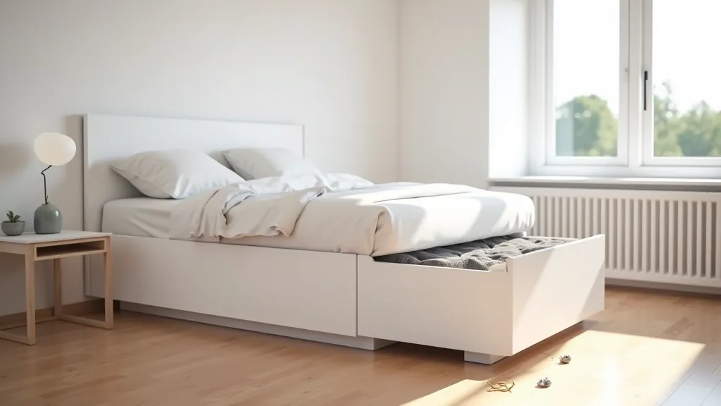 Modern apartment bedroom with custom under-bed storage drawers
