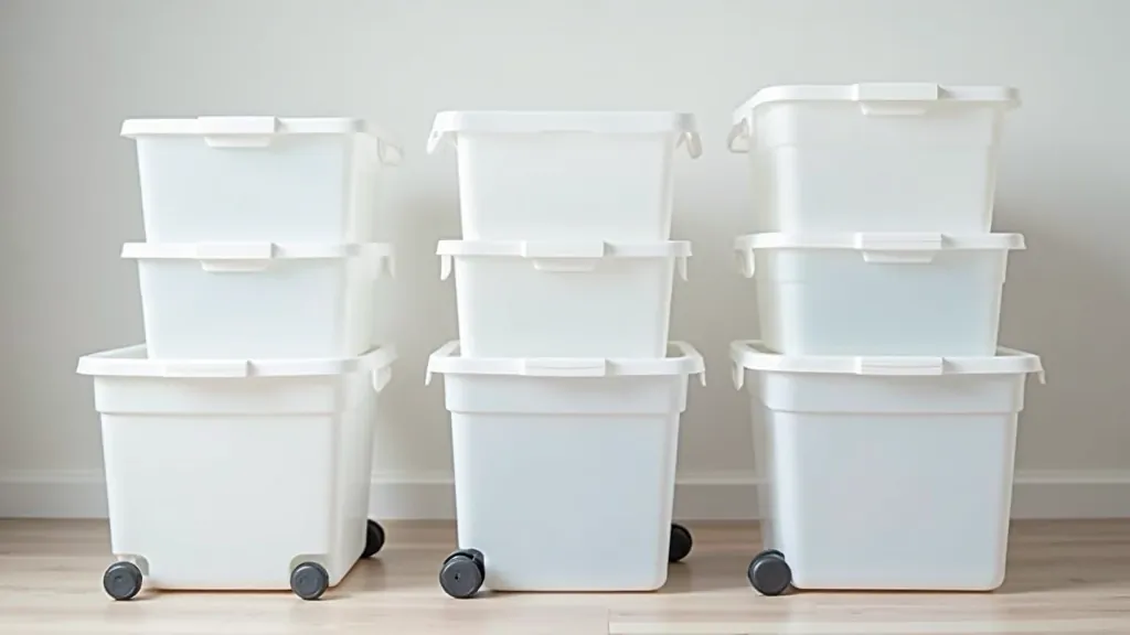 Variety of clear and opaque storage containers with wheels arranged neatly, showing different sizes and organizational systems